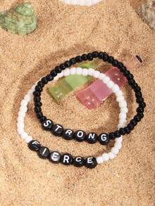 Customized Bracelet Set, Summer Beach Style, Minimalist Personalized Monochrome Beige Pearl Bracelet Set, Can Customize Name, Slogan, Location, Date, Suitable For Birthday, Valentine's Day, Anniversary, Gifts For Girlfriend, Friends, Daily Wear