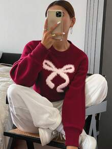 Livesso New Arrival Autumn Plush Bow Knitted Sweater For Women Christmas - Burgundy - View 1
