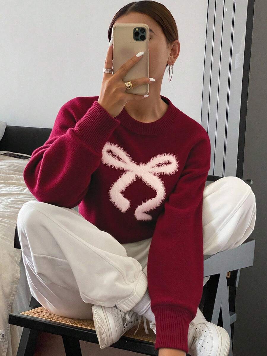 Livesso New Arrival Autumn Plush Bow Knitted Sweater For Women Christmas - Burgundy - View 1