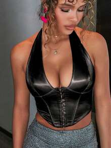 Yuwenier Sexy V-Neck Grommet Eyelet Front Lace Up Back Halter Corset Top Shapewear Backless Party Crop Vest Top Suitable For Party Going Out Date Halloween's Festival Outfit