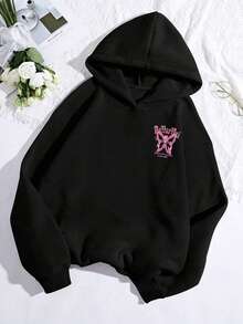 Teena Girl Casual Butterfly Letter Printed Hooded Sweatshirt - Loose Fit, Machine Washable, Comfortable All Season, Comfortable Clothing, Suitable For School, Vacation, Shopping, Sports And Other Occasions - Black - View 4