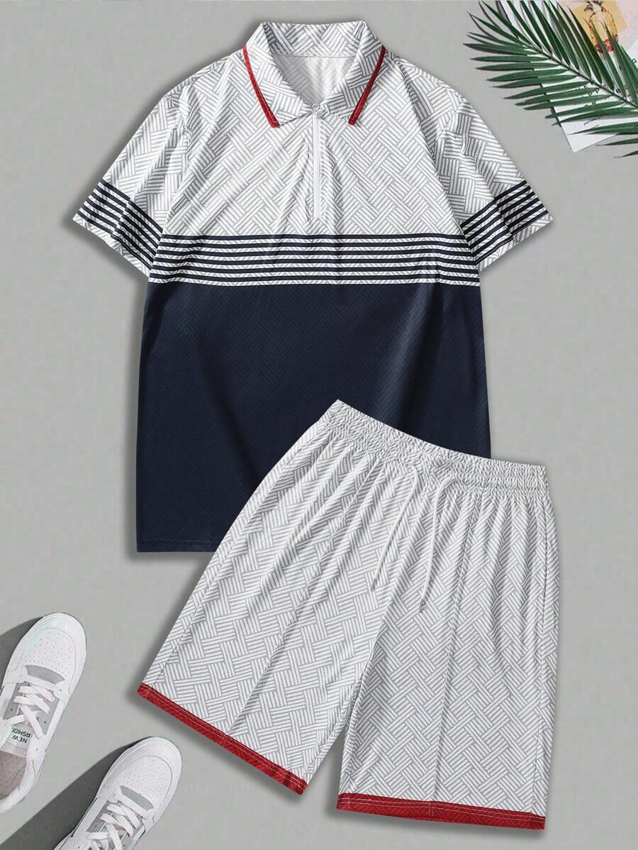 1套男士运动休闲套装，提花图案拼接条纹印花夏季半襟Polo衫和5分短裤套装