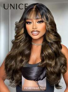 UNice Hair 7x5 Bye Bye Knots Lace Closure Balayage Highlights Fluffy Natural Loose Wave Curtain Bangs Wig With Drawstring Effortlessly Chic Vibe Layers Frame Face Pre Cut Pre Bleached Pre Plucked Magic Ear Tab Friendly To All Head 100% Human Hair Glueless Wig Can Be Dyed Heaten Unice Wigs