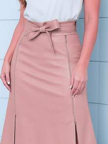 Leatherette Skirt With Adjustable Zippers On The Front Up To The Knee And Belt Without Buckle - 乾枯玫瑰色 - 查看 3