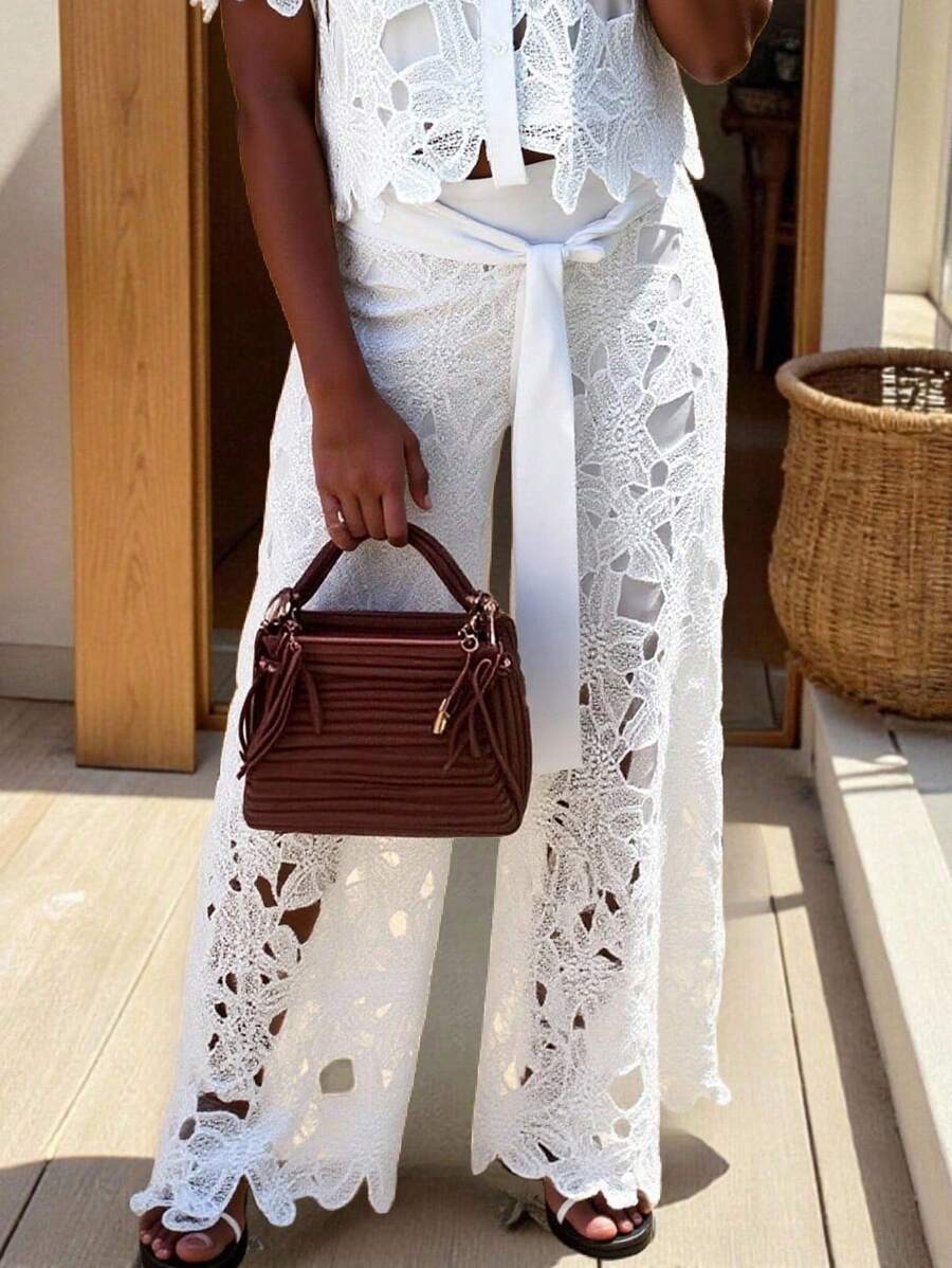 (1piece)Women's Solid-Color Sexy Cut Out Large-Flower Embroidered Lace Up Wide-Leg Pants,Casual Long Pants, No Top,Gothic Style