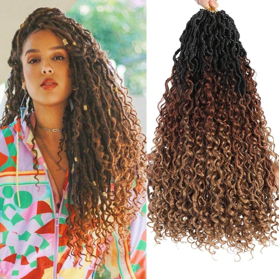 Goddess Locs Crochet Hair 18Inch 8Packs Crochet Locs,Boho Faux Locs With Curly Ends River Hippie Locs Bohemian Locs Crochet Braids(1B/30/27, 18inch(Pack Of 8) - 1B/30/27(8packs) - 查看 1