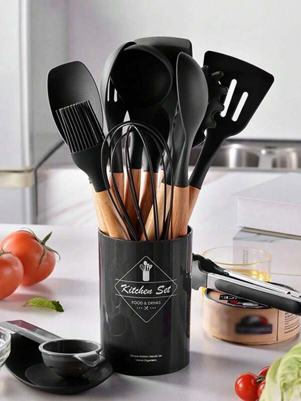 Set de 12 piezas/Set de 44 piezas, Juego de utensilios de cocina de silicona con mango de madera, Juego de herramientas de cocina y hornear de alta temperatura antiadherente, Suministros de cocina y hornear