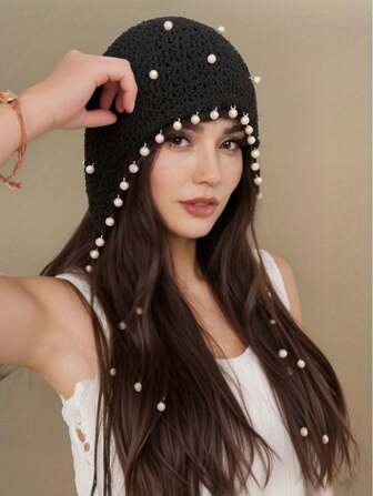 1 件镂空珍珠装饰帽，优雅百搭镂空花朵女帽，轻盈春夏时尚针织钩针头饰秋季配饰