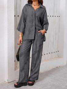 DEEKA夏季新款女装翻领中袖提花扎染大码宽松休闲厚重衬衫时尚优雅系列提花裤休闲裤套装 - 灰黑 - 查看 3