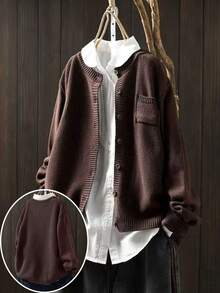Plus Size Solid Color Front Button Pocket Casual Crew Neck Long Sleeve Cardigan - Coffee Brown - View 1