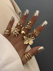 Set de 6 anillos de metal dorado vintage punk con elementos multicomponentes, decorados con elementos marinos como conchas, estrellas de mar y perlas falsas, se pueden usar solos o combinados, adecuados para atuendos diarios y de fiesta de la mujer, decoración de resort de playa, set de joyas de moda de verano