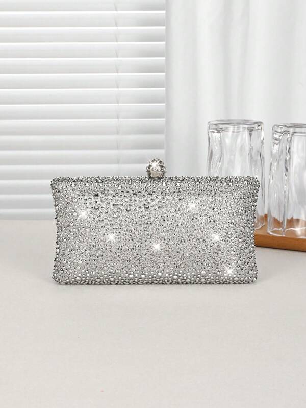 1pc Silver Sparkly Double-Sided Rhinestone Women's Evening Clutch, Fashionable And Elegant Hand Bag With Metal Chain Strap, Suitable For Parties, Romantic Weddings, Formal Occasions, Galas, Great Gift For Women, Valentine's Day