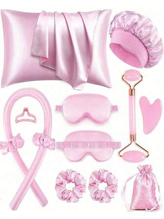 12-delige slaap- en haarstylingset, inclusief krultang, gezichtsmassageapparaat, 1 zijden kussensloop, Queen set voor haar en huid, hittevrije zijden krulspelden, nachtkrullers, 1 zacht slaapmasker, gezichtsmassageroller voor dames, haarverzorgingsproducten en -accessoires, reisbenodigdheden
