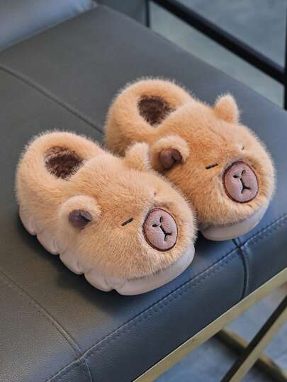 1 par barntofflor med tecknad kapybaramotiv, mjuka och varma inomhus-/utomhuskläder, plyschfoder, lätt gummisula, unisex höst-/vintertofflor