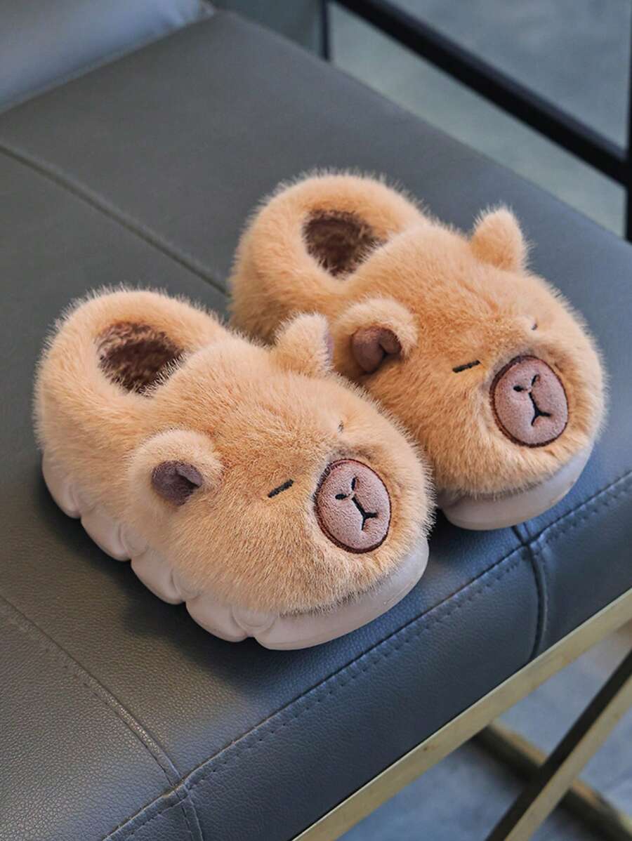 1 Pair Kids' Capybara Cartoon Slippers, Soft & Warm Indoor/Outdoor Wear, Plush Lining, Lightweight Rubber Sole, Unisex Autumn/Winter House Slippers - Khaki - View 1