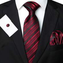Men Tie Sets Classic Fashion Striped Necktie Set With Cufflink For Business Wedding Party - Burgundy - View 2