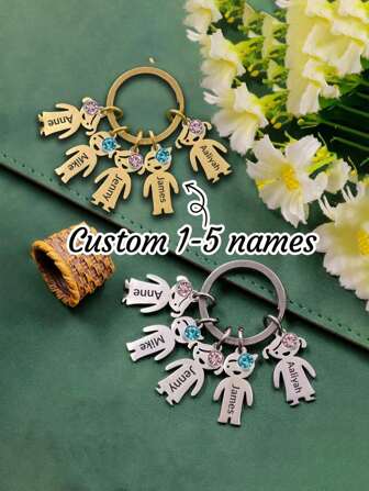 1 Llavero personalizado de acero inoxidable para el hogar con 5 piedras de nacimiento y nombre personalizado - Regalo tallado duradero, adecuado para padres, hijos, cumpleaños, Navidad, Día de la Madre, Día del Padre, recuerdos emocionales, accesorios de estilo universitario, textura de metal suave, regalo de cumpleaños, accesorio de moda, material duradero, regalo emocional