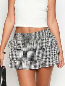 Womens Mini Skirt Plaid Tiered Ruffle Elastic Low Waist A-Line Cake Skirts For Beach Club Streetwear - màu đen - Xem 1