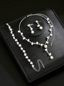 4 pièces Set Bijoux Femme Perle, Collier Élégant, Boucles d'oreilles, Bracelet, Accessoires de Mariage et de Mariée