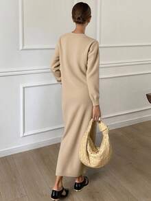 Livesso Robe pull ample décontractée à col V et couleur unie pour femmes, vêtements d'automne pour femmes - Camel - Voir 3