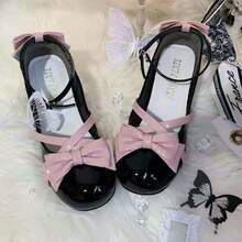 Mary Jane Schuhe Cross Ribbon Lolita Eleganter Rundhalsausschnitt Chunky Heels