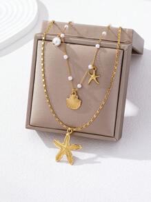 2pcs/Set Summer Refreshing Faux Pearl Starfish Pendant Necklace, Fashion Fashionable Ocean Life Pendant Jewelry Set, Suitable For Women's Daily Wear And Vacation, Beach, Photography Decoration, Handmade Chain Can Be Cut To