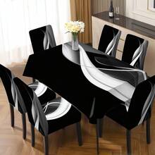 1pc/5pcs/7pcs/30pcs Black & White Texture Pattern Table Cloth And Chair Cover Sets (5pcs Include 4 Chair Covers And 1 Table Cloth; 7pcs Include 6 Chair Covers And 1 Table Cloth), Suitable For Home Gatherings, Rectangular Tablecloth For Square Tables, Elastic Chair Covers For Indoor Dining Rooms - Multicolor - View 7