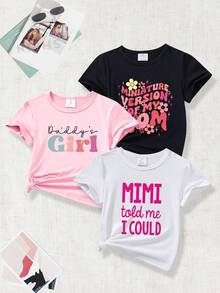 Bộ 3 áo thun tay ngắn in họa tiết khẩu hiệu cho bé gái, mùa hè - Nhiều màu - Xem 1