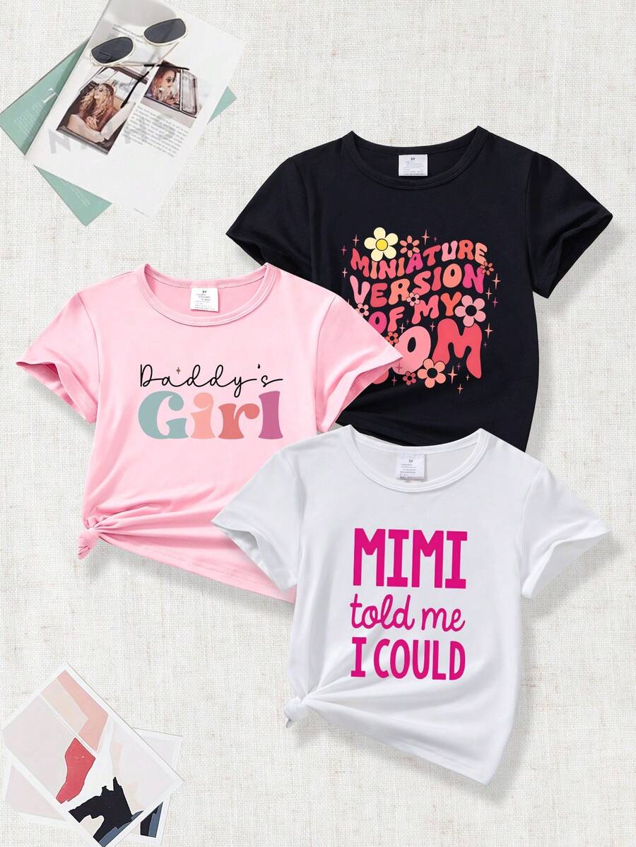 Bộ 3 áo thun tay ngắn in họa tiết khẩu hiệu cho bé gái, mùa hè - Nhiều màu - Xem 1