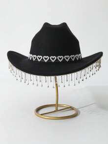 1pc Unisex Solid Color Water Drop Tassel Pendant Western Cowboy Hat Boho Ridge Cowgirl Hat Panama Hat Sun Hat Jazz Hat Soft Felt Fedora Hat - Black - View 4