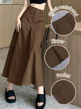 2025 Autumn & Winter Fashion Daily Outdoor Street Commuter Retro Style Multi-Pocket Zipper Women's Skirt, Casual Daily Wear, Back To School, Suitable For Winter, Christmas, New Year Party, Women's Elegant Outfit