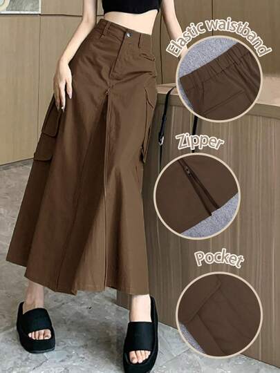 2025 Autumn & Winter Fashion Daily Outdoor Street Commuter Retro Style Multi-Pocket Zipper Women's Skirt, Casual Daily Wear, Back To School, Suitable For Winter, Christmas, New Year Party, Women's Elegant Outfit