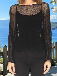 Women Knit Cover-Up, See-Through Solid Irregular Loose Pullover Summer Beach Tops - 黑色 - 查看 5
