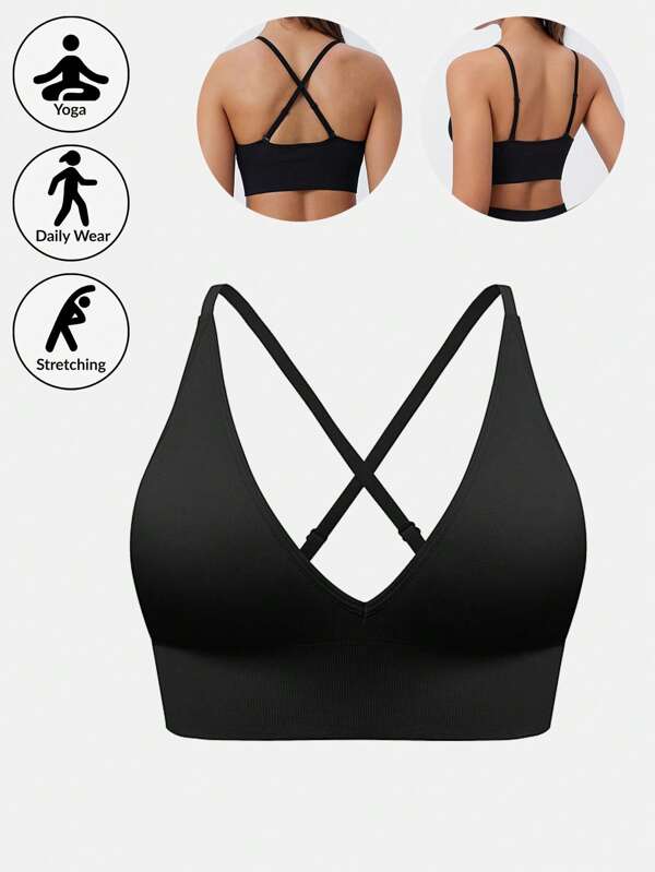 Women Solid Color Sexy Deep V Criss-Cross Back Casual Bra For Yoga Fitness