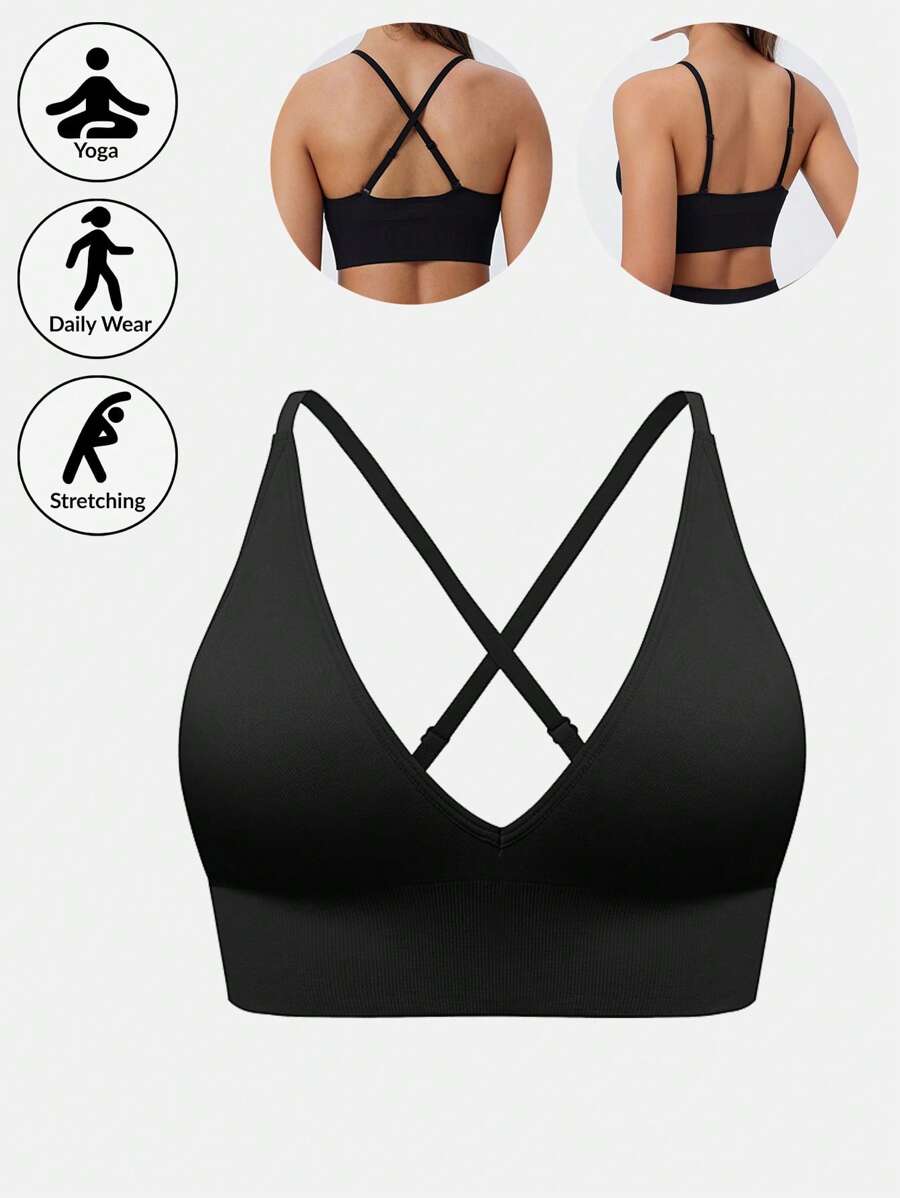 Women Solid Color Sexy Deep V Criss-Cross Back Casual Bra For Yoga Fitness