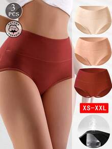 3 Peças Calcinhas de Cintura Alta Femininas, Cor Sólida Plus Size de Algodão Puro, Calcinhas Confortáveis, Respiráveis e Sem Costura, Calcinhas Básicas Simples