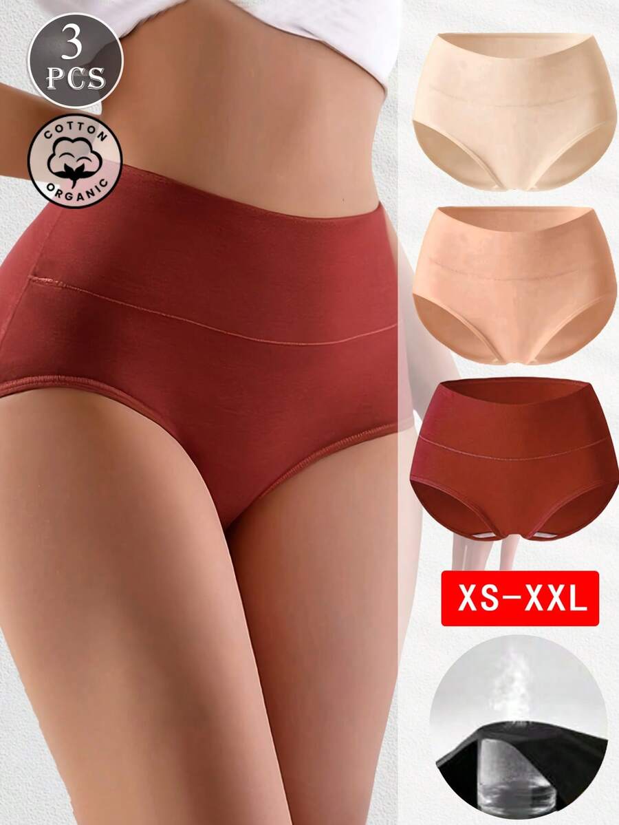 3 Peças Calcinhas de Cintura Alta Femininas, Cor Sólida Plus Size de Algodão Puro, Calcinhas Confortáveis, Respiráveis e Sem Costura, Calcinhas Básicas Simples