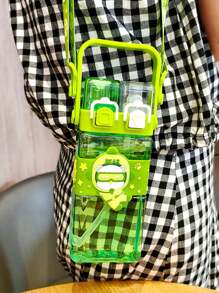 1 pieza Taza de agua de 520ml con pajita para bebés y niños, taza de plástico doble con correa para transportar para niños de escuela primaria, a prueba de caídas, para jardín de infantes, escuela y uso al aire libre