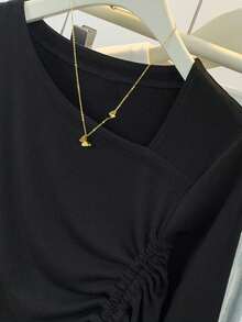 女式纯色抽绳设计休闲日常百搭 T 恤，不对称百搭修身简约上衣，秋季