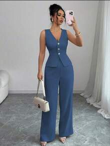 Conjunto chaleco elegante abotonadura al frente escote v, pantalon largo ancho cintura asimetrica - Azul Marino - Ver 2