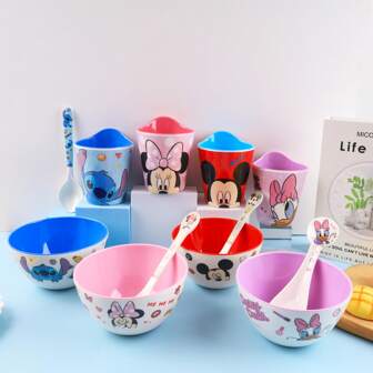 Disney 3 PiecesCutlery Set Featuring Disney Minimi Stickth Cartoon Melamine Bowls, Family Specific, Back To School Dormitory Themed Party Round Bowls, Halloween And Christmas Cutlery Gift Sets, Pasta, Fruit, Cereal Bowls, Reusable Party Cups, Spoons, And Bowls,School Supplies