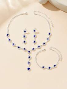 1 Set de joyas de 3 piezas con collar, pulsera y aretes con cristal azul de strass con diseño ondulado