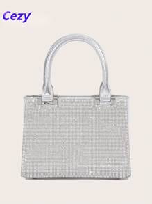 Cezy Bolso de mano con decoración de rhinestones plateados, correa de cadena desmontable y cierre con cremallera - Bolso de embrague de noche brillante para bodas, ocasiones formales, fiestas - Accesorio de moda de lujo para mujer, atuendo formal, con adornos de rhinestones