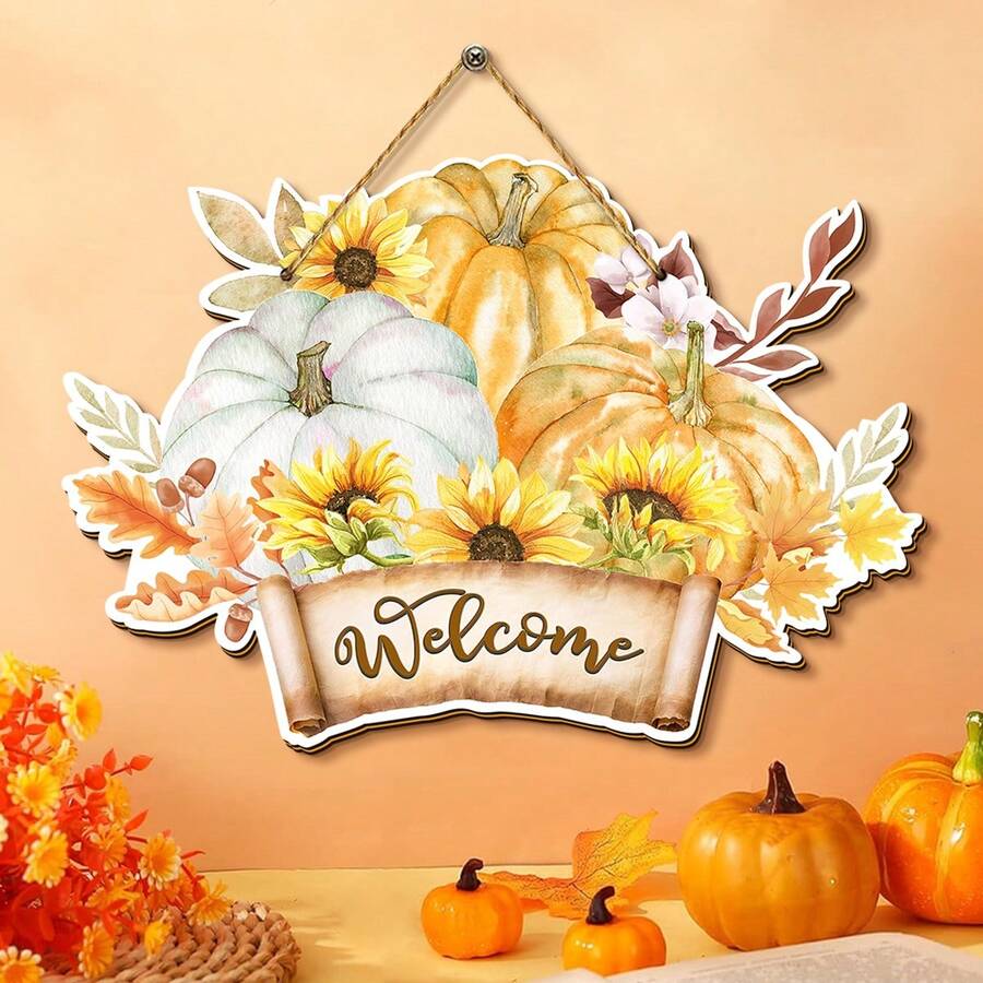 1 套 2D 秋季南瓜向日葵花篮木制现代墙面装饰欢迎标志秋季感恩节主题派对装饰、餐厅装饰、房间装饰、家居装饰秋季装饰万圣节秋季装饰 - 彩色 - 查看 1