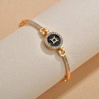 1pc European & American Style Oil Dripping 12 Zodiac Signs Bracelet, Women Gold Rhinestone Jewelry