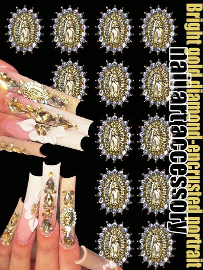 10pcs Glamorous Gold Metal Religious Figure Nail Art Decoration Set, Luxury Diamond Nail Jewelry Accessories, Alloy Base, Y2K Girl Style, Fashionable Subculture Cool Style, 3D Nail Decoration, 3D Rhinestone Nail Pendant, Japanese Nail Art Glitter DIY Press-On Nail Accessories, Nail Gems Nail Supplies, Rhinestones And Decorations Nails