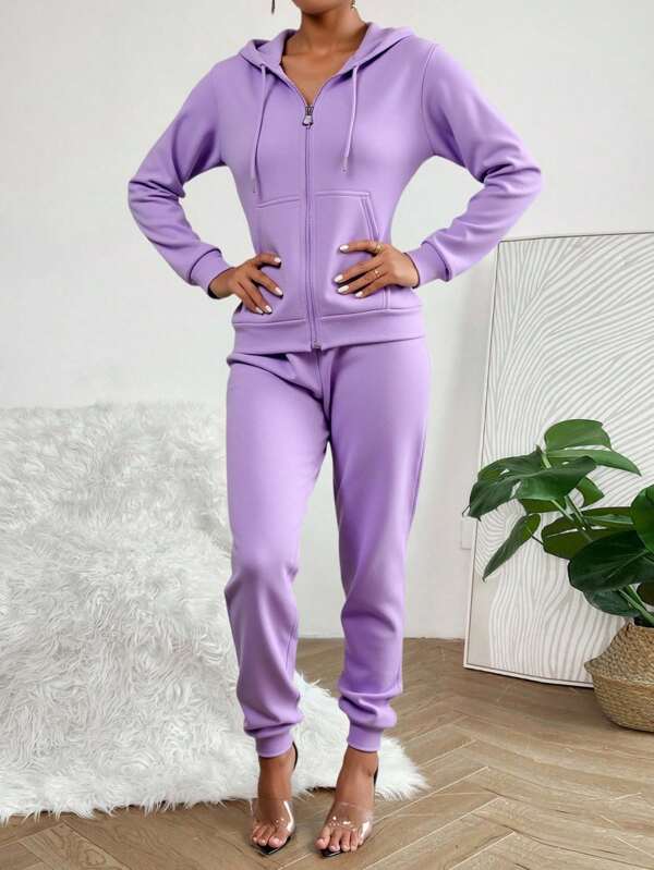 NO ONE Basic Essentials Conjunto set deportivo 2 piezas tejido suave de punto ligero duradero sudadera gorro integrado zipper  bolsillo canguro manga larga pantalón tipo jogger pretina elástica bajo recto regular y extremo resorte GYM calle diario cómodo día noche jardín parque playa casual freso