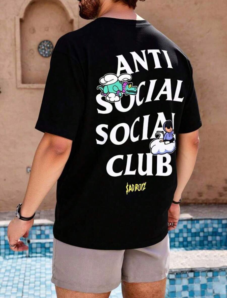 Camiseta Casual de  Estampado de anti social   - Mezcla de Poliéster y Spandex Suave, Cuello Redondo, Manga Corta, Lavable a Máquina - Negro - Ver 1