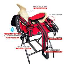 Montura Silla Charra para Caballo Resistente a la Humedad, Ligera, de Fácil Mantenimiento, Cantinas Desmontables- Equipada con Cincho,Carona Sencilla, Pecho pretal, Cabezada y Correas para Espuelas- Montura de Trabajo - Rojo-Fuste Natural - Ver 4