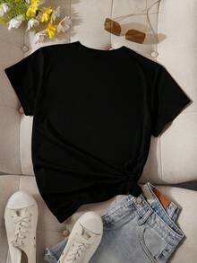 NewSummerCasualCamiseta gráfica con motivo de corazón y letra para mujer-Vintage Street Style Unisex Loose Cotton Short Sleeve Crew Neck T-Shirt - Negro - Ver 2